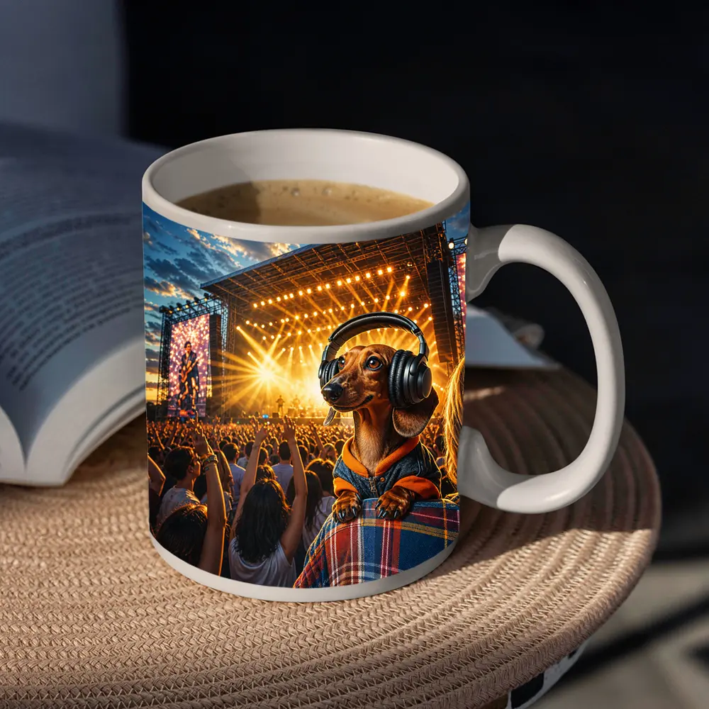 Dachshund Wearing Headphones At Music Festival – Mugs