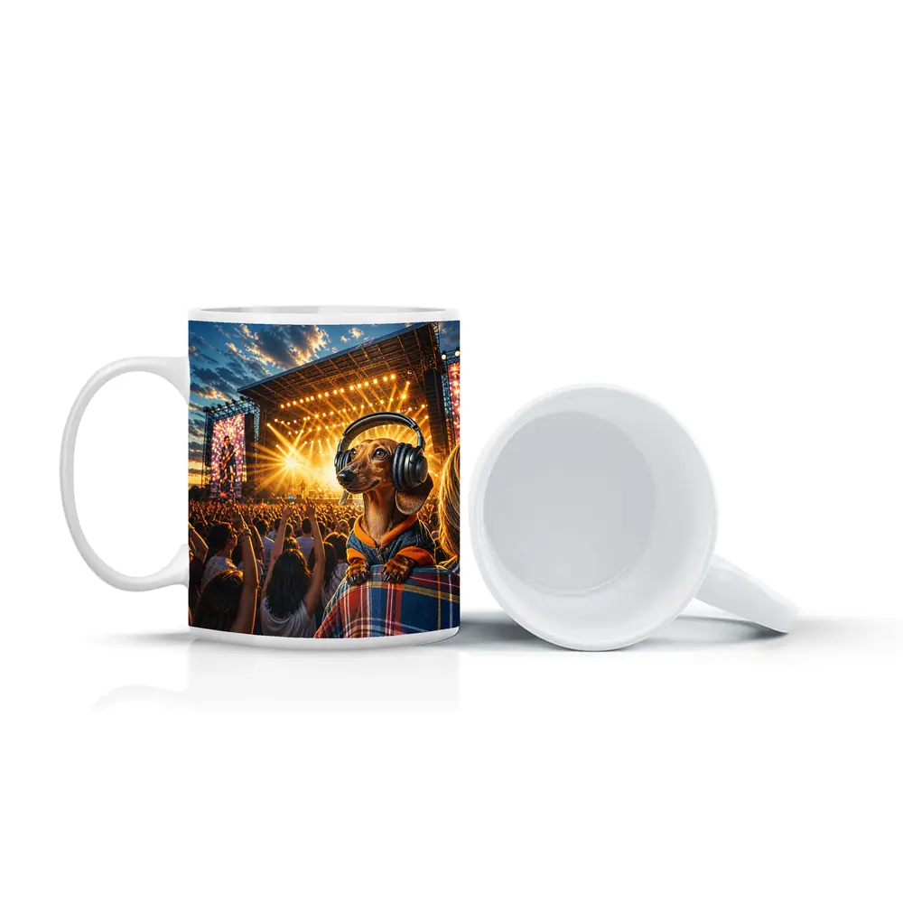 Dachshund Wearing Headphones At Music Festival – Mugs