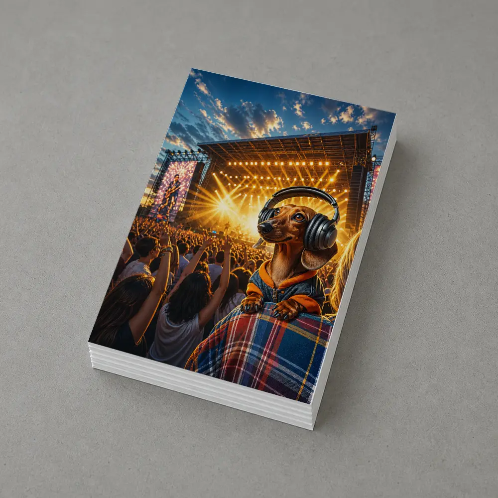 Dachshund Wearing Headphones At Music Festival – Postcards