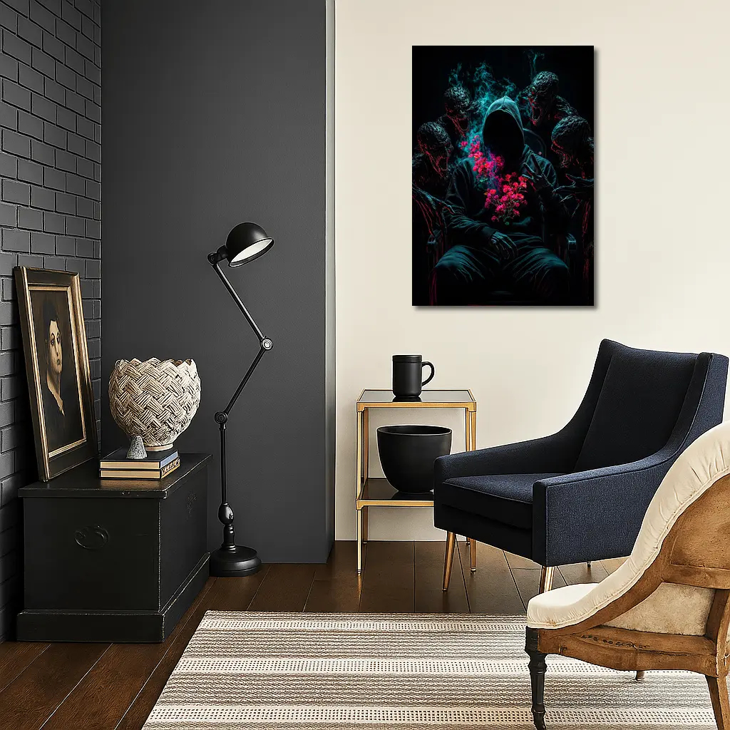 Hooded Figure Roses Dark Creatures Surreal – Wall Art