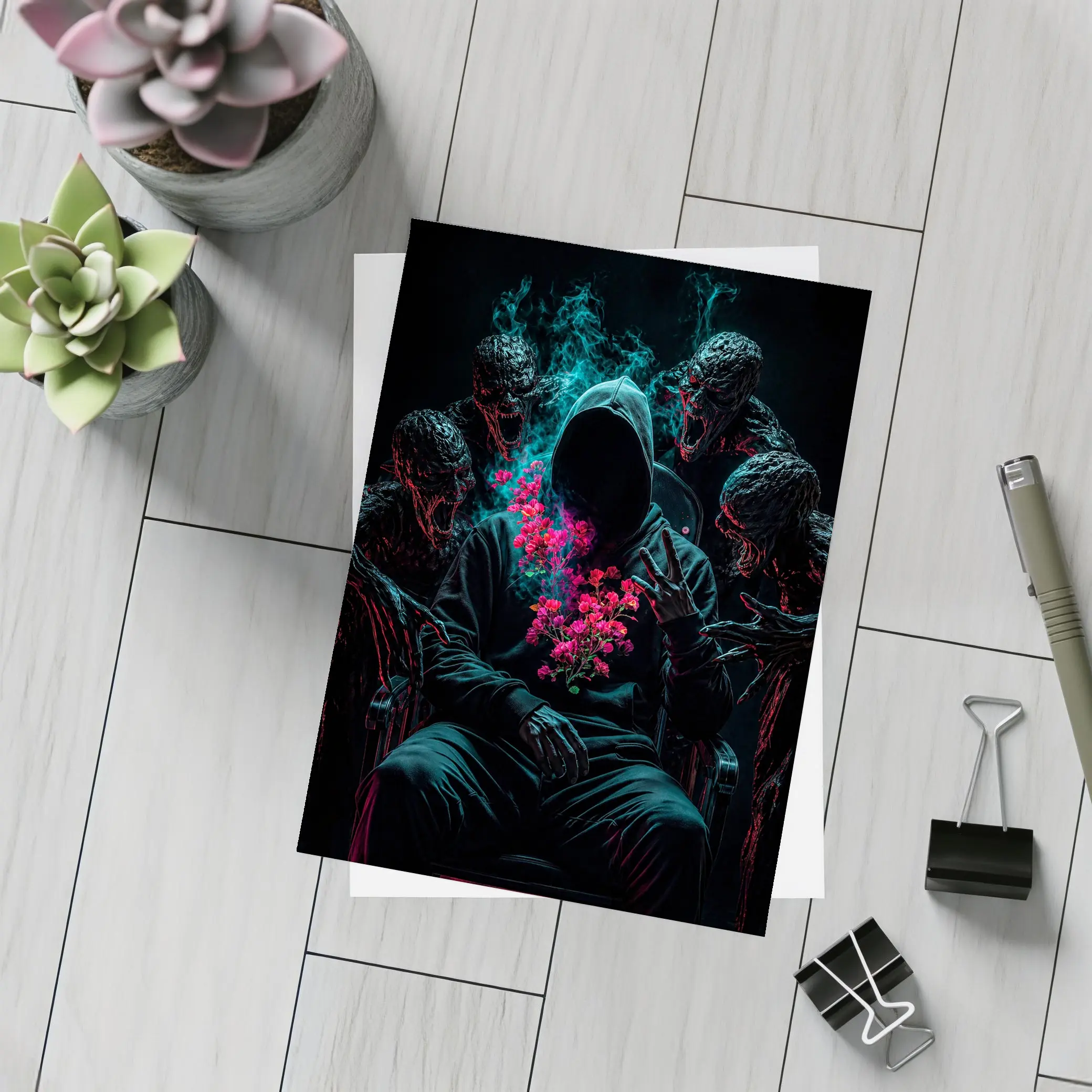 Hooded Figure Roses Dark Creatures Surreal – Postcards