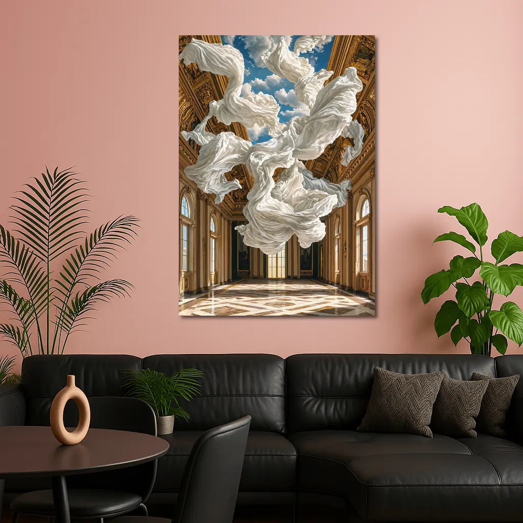 White Fabric Floating In Baroque Palace Hall – Wall Art