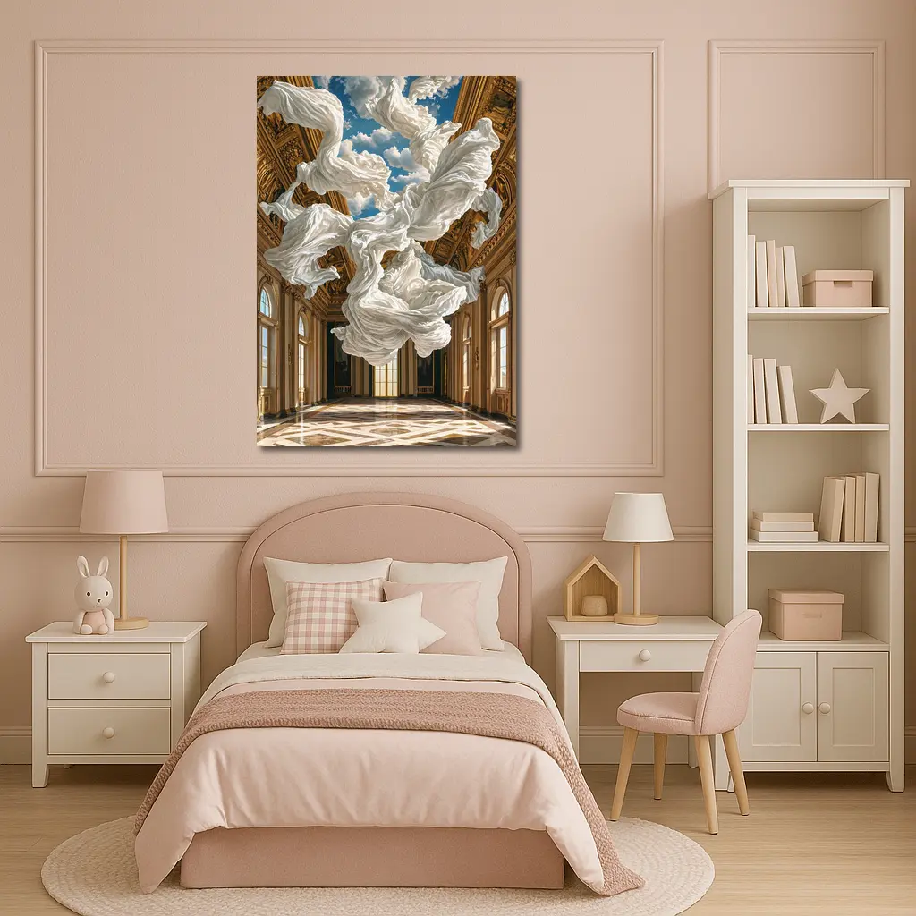 White Fabric Floating In Baroque Palace Hall – Wall Art