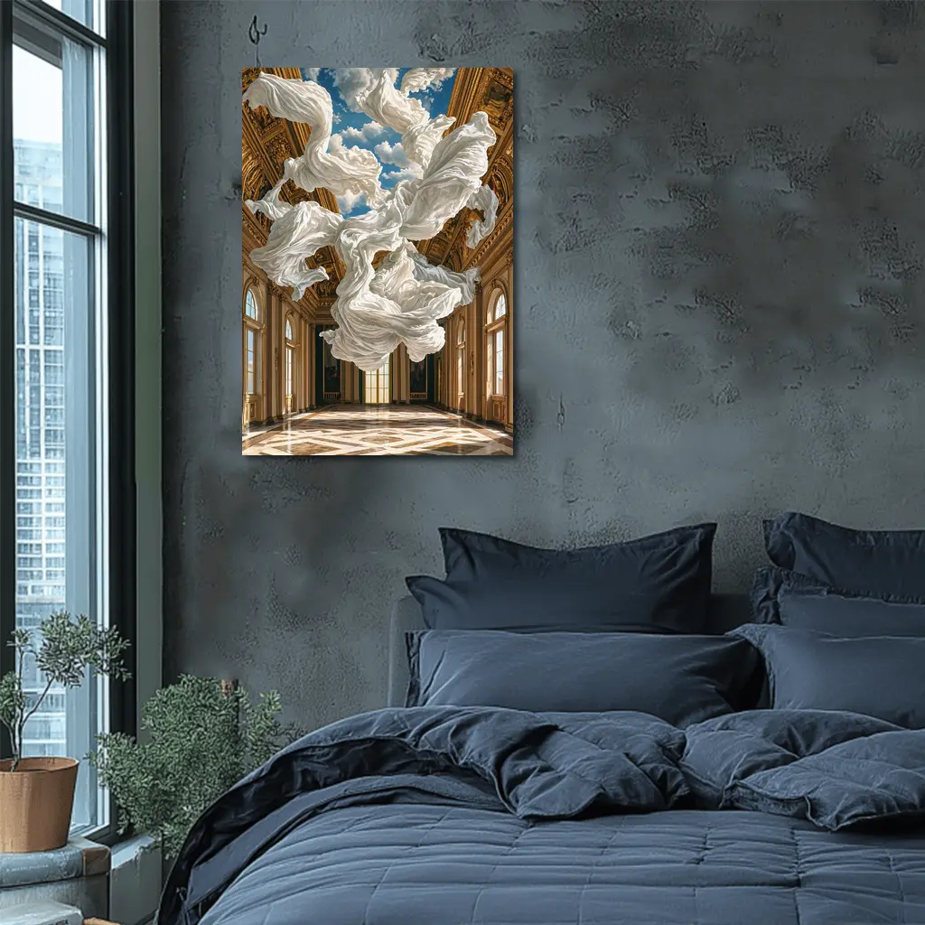 White Fabric Floating In Baroque Palace Hall – Wall Art