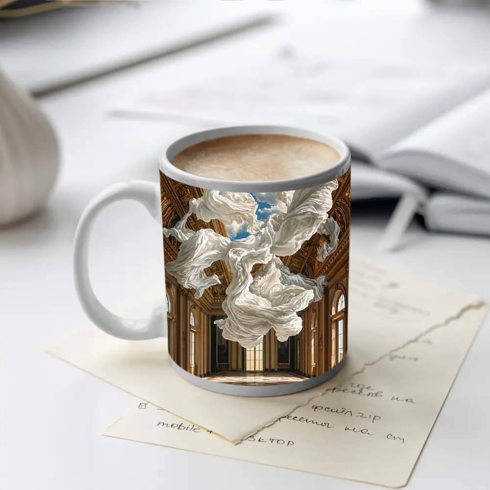 White Fabric Floating In Baroque Palace Hall – Mugs