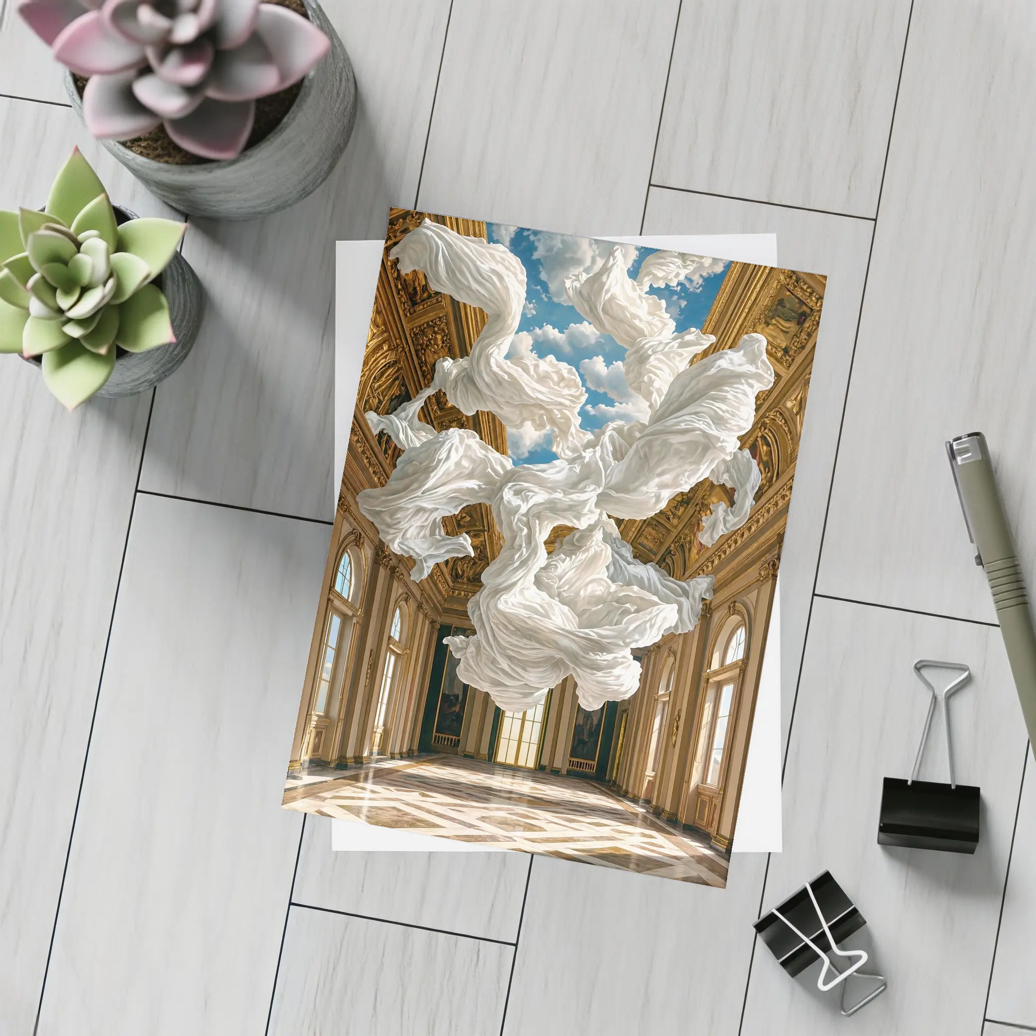 White Fabric Floating In Baroque Palace Hall – Postcards