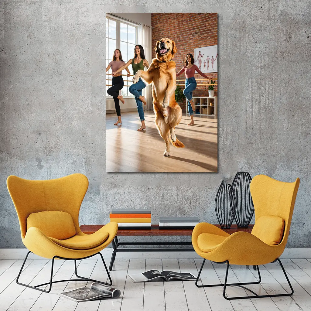 Golden Retriever Dancing With Women Dance Studio – Wall Art
