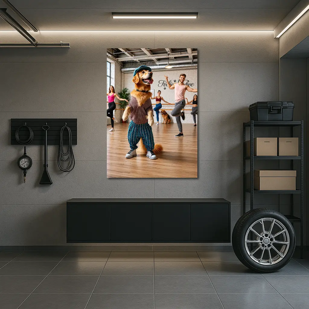 Golden Retriever Dancing in Dance Studio – Wall Art
