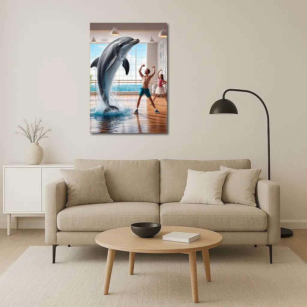 Dolphin Dancing With People In Studio – Wall Art