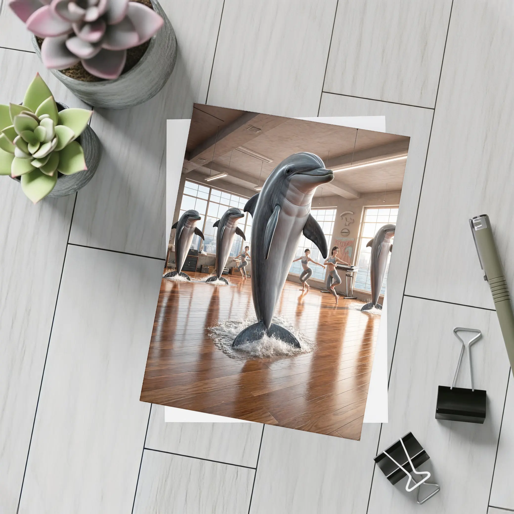 Dolphins Leaping Inside Urban Fitness Studio – Postcards