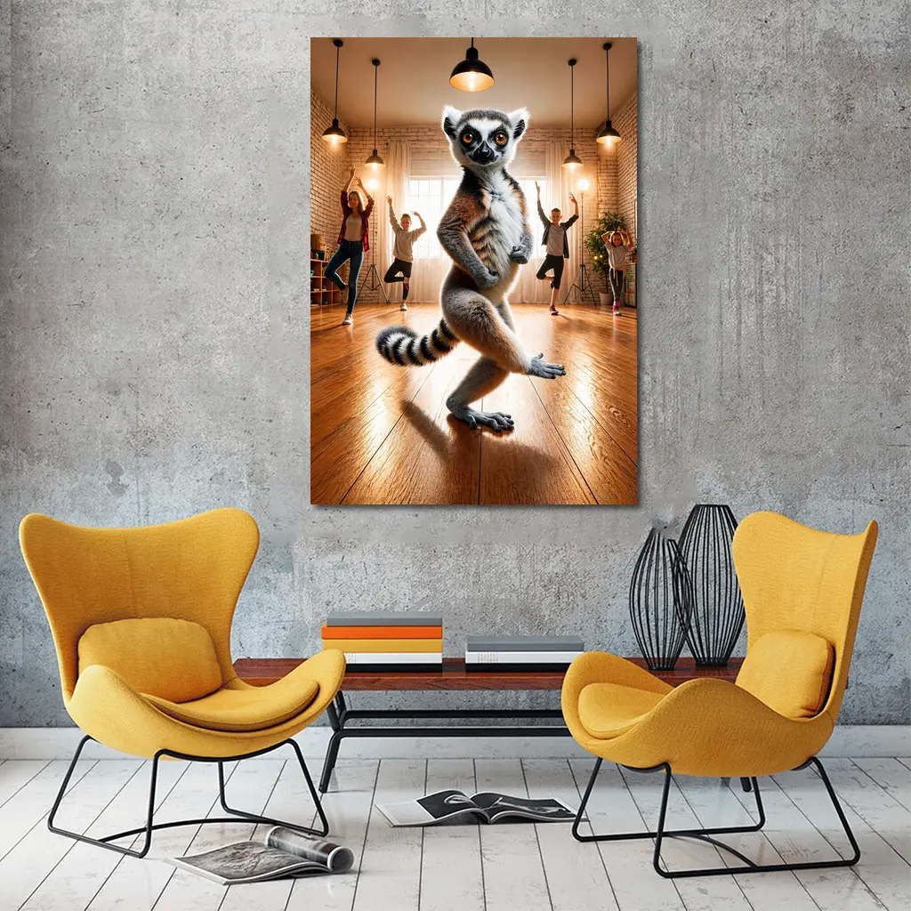 Ring Tailed Lemur Dancing In Yoga Studio – Wall Art