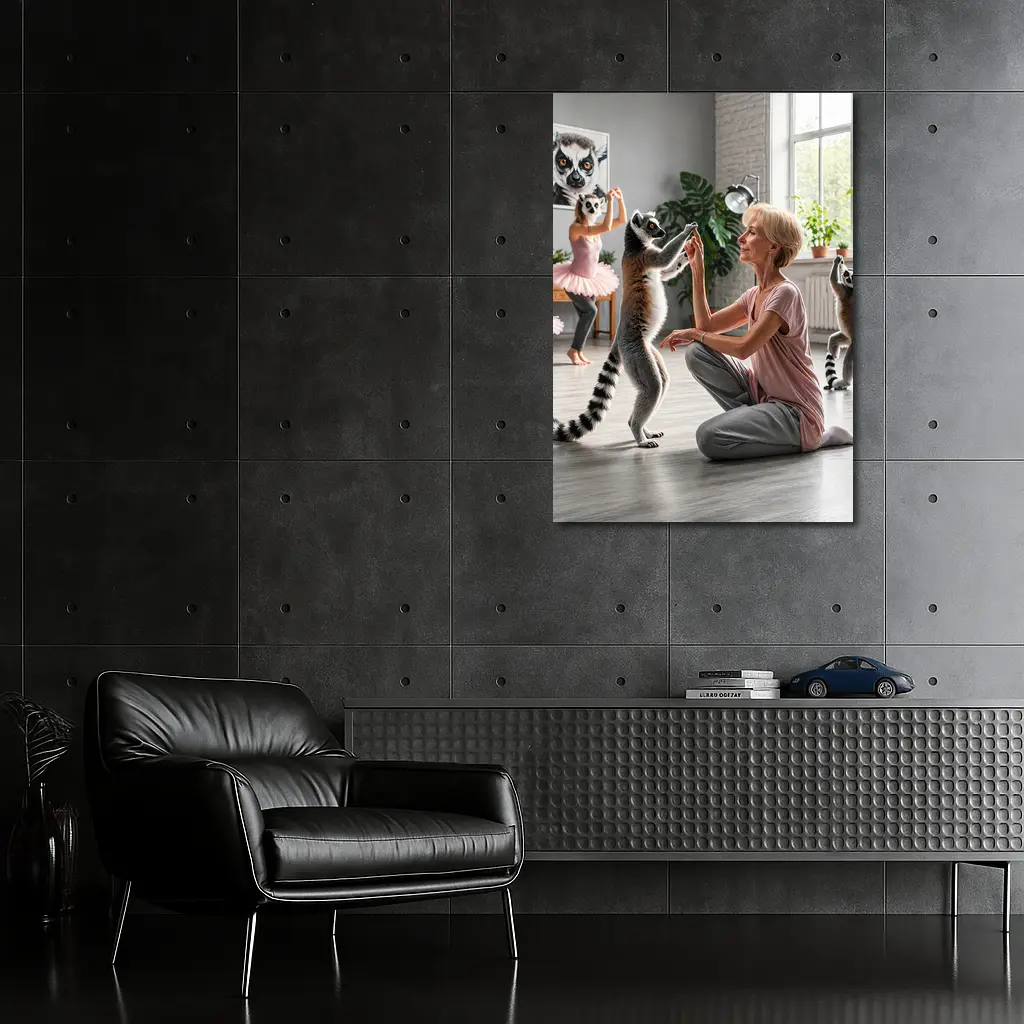 Ring Tailed Lemurs Dancing With Woman Indoors – Wall Art