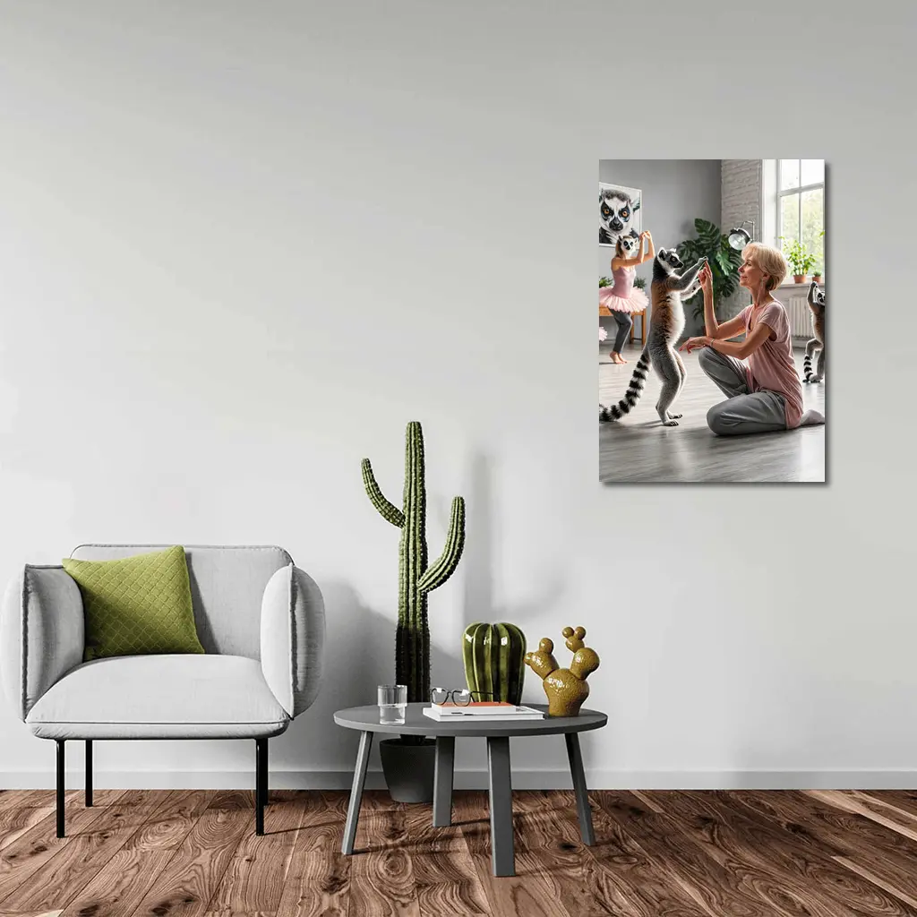 Ring Tailed Lemurs Dancing With Woman Indoors – Wall Art