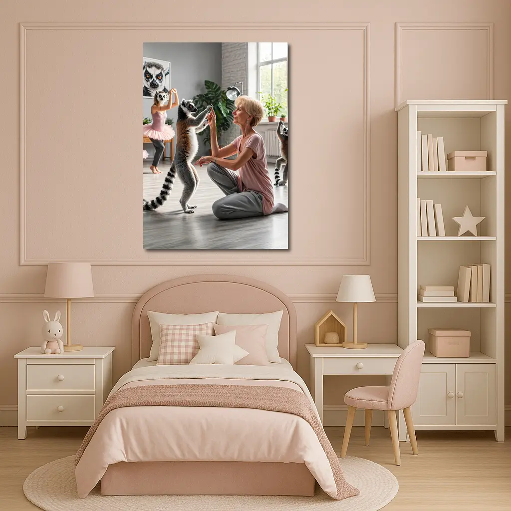 Ring Tailed Lemurs Dancing With Woman Indoors – Wall Art