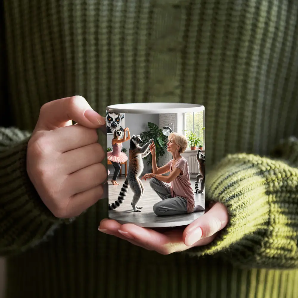 Ring Tailed Lemurs Dancing With Woman Indoors – Mugs