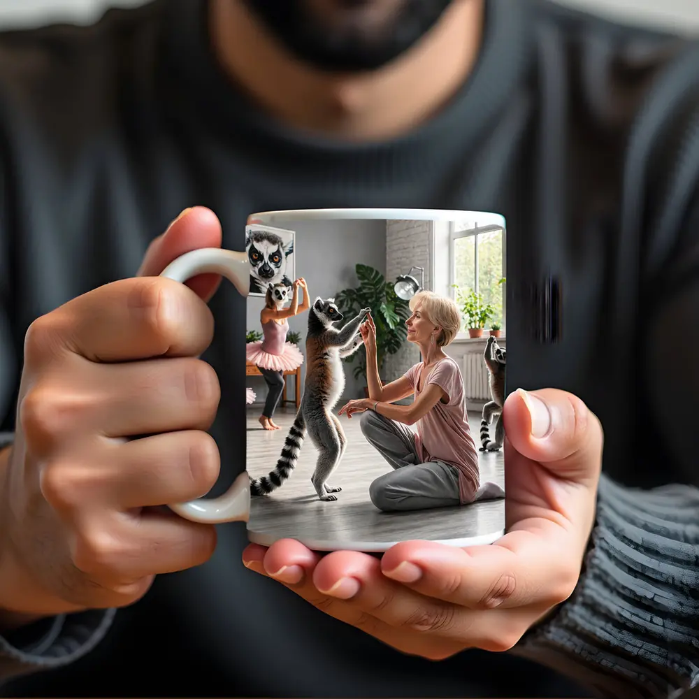 Ring Tailed Lemurs Dancing With Woman Indoors – Mugs