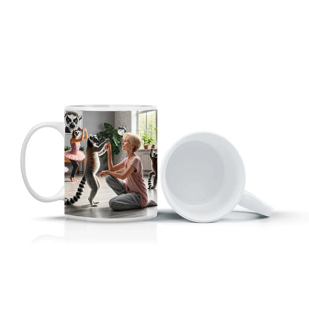 Ring Tailed Lemurs Dancing With Woman Indoors – Mugs
