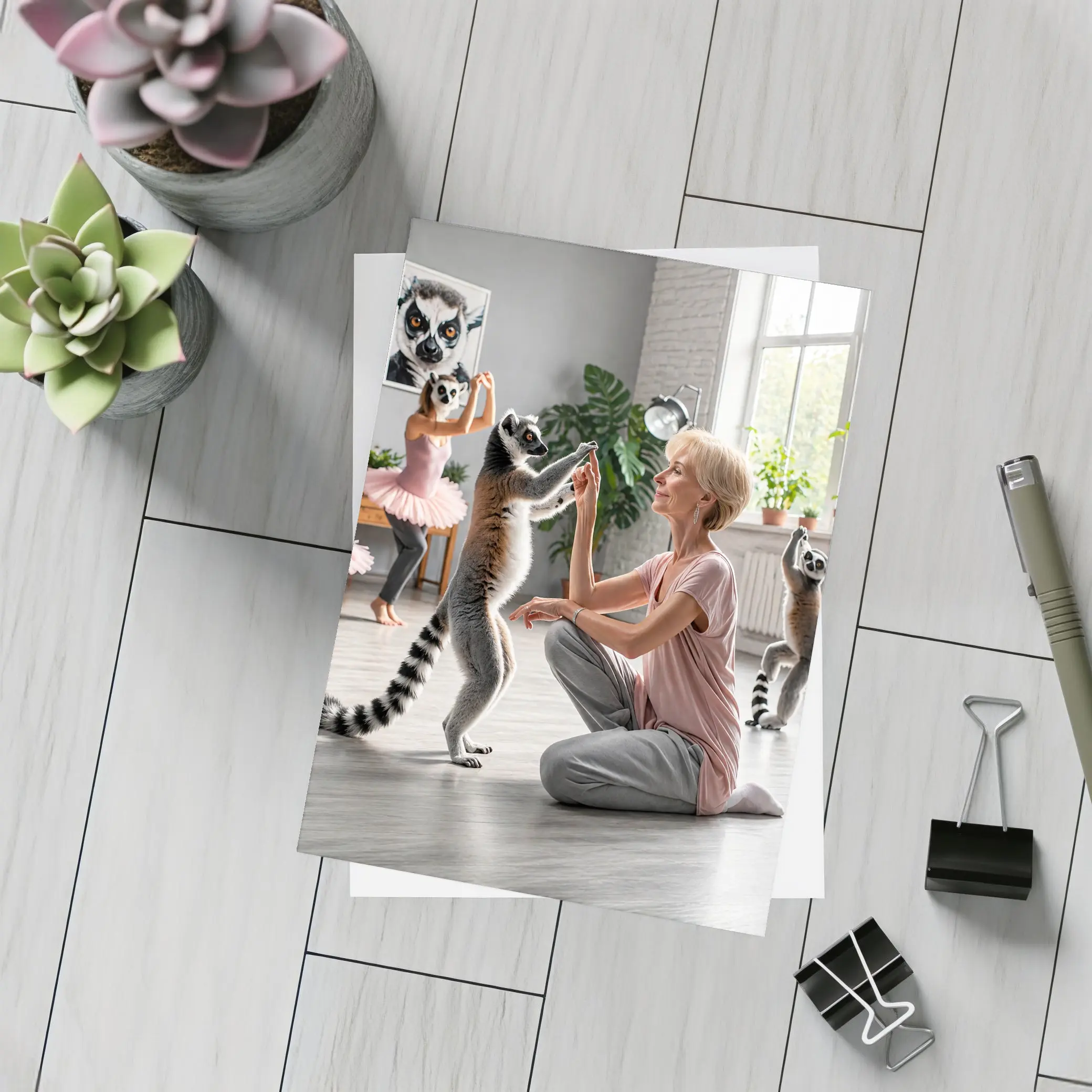 Ring Tailed Lemurs Dancing With Woman Indoors – Postcards