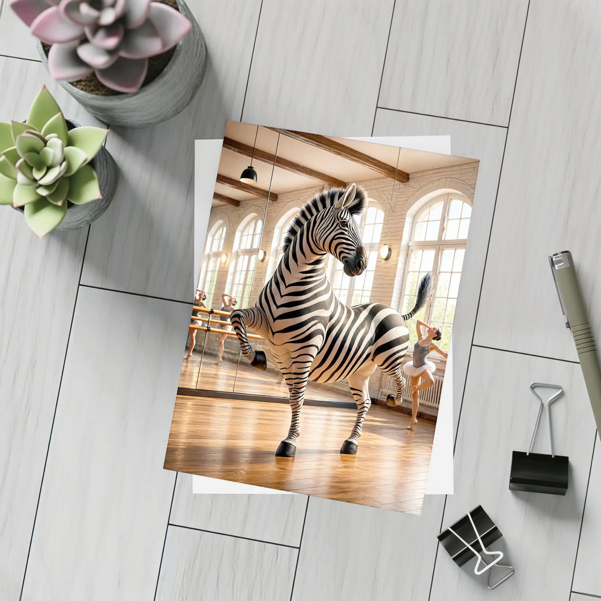 Zebra Dancing in Ballet Studio – Postcards
