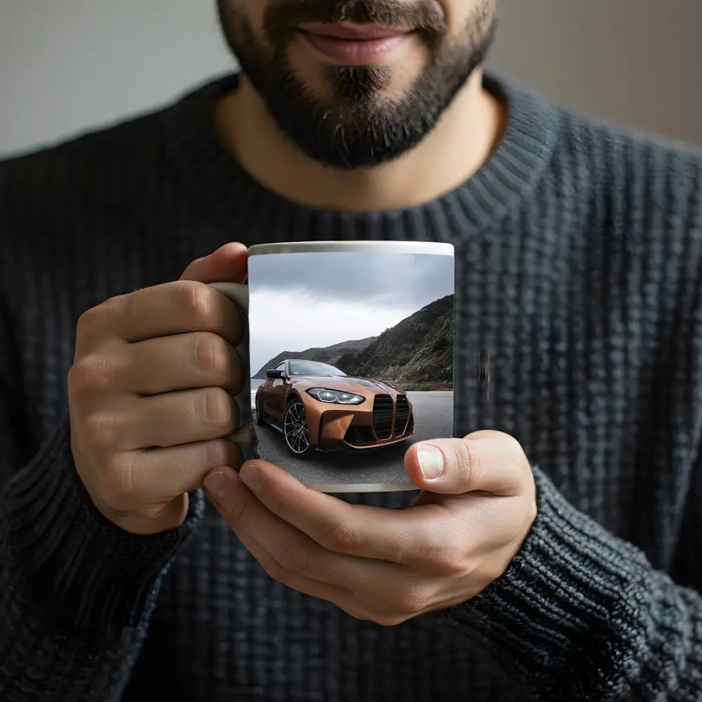 BMW M4 Copper Coastal Road Overcast Sky – Mugs