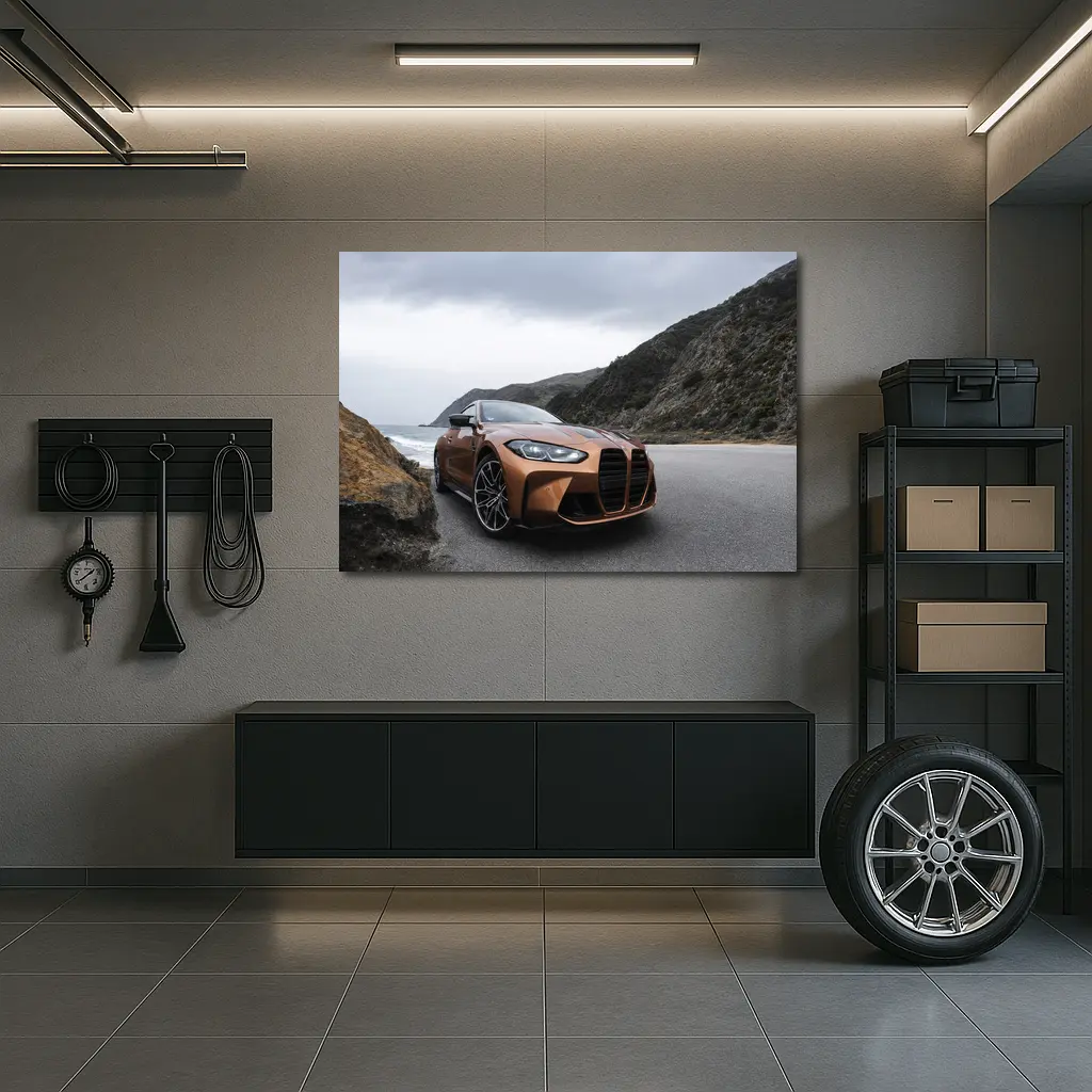 BMW M4 Copper Coastal Road Overcast Sky – Wall Art