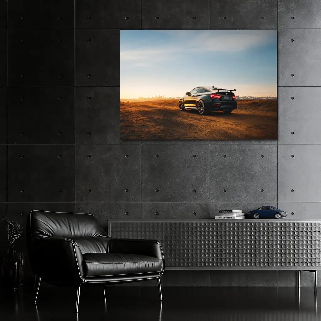 BMW M4 Rear View City Skyline Sunset – Wall Art