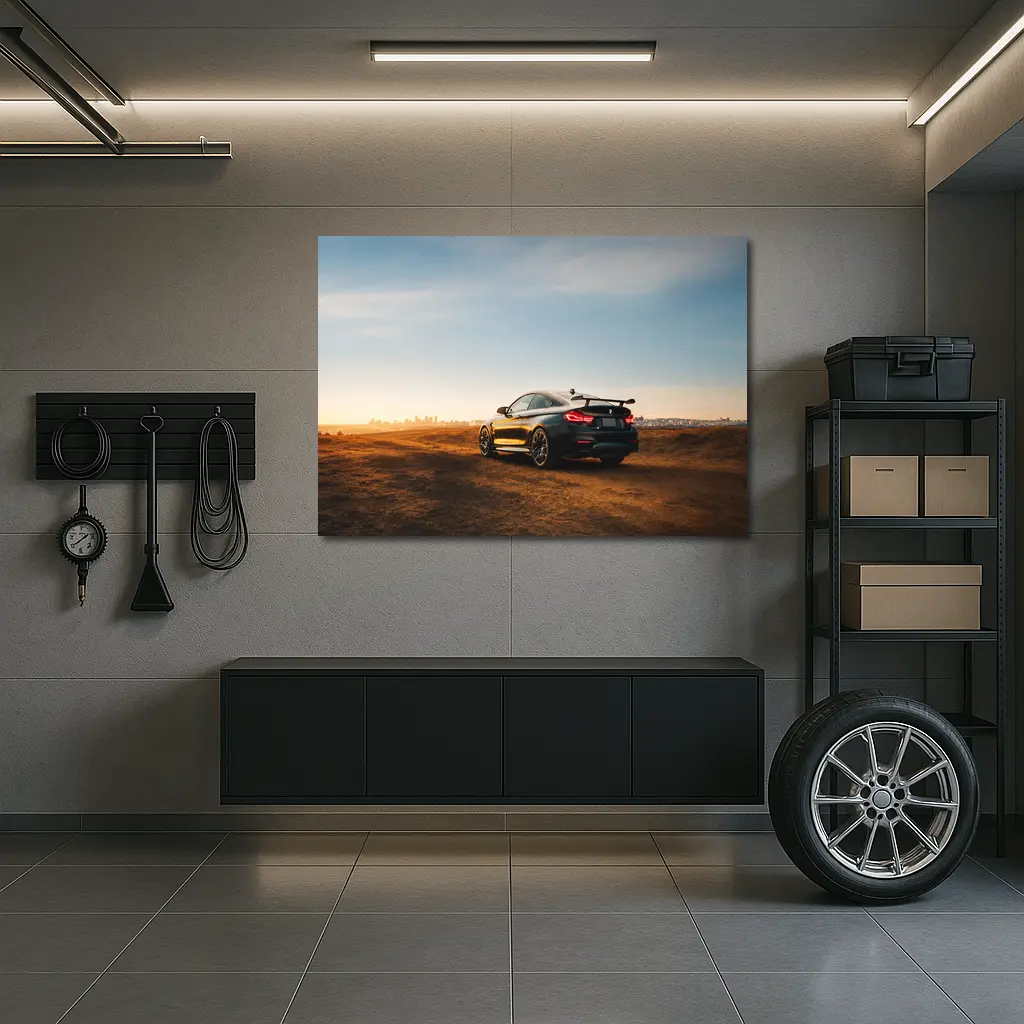 BMW M4 Rear View City Skyline Sunset – Wall Art