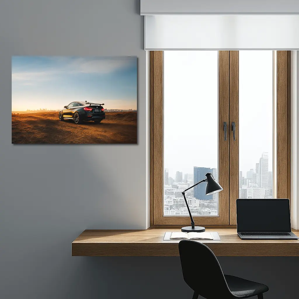 BMW M4 Rear View City Skyline Sunset – Wall Art