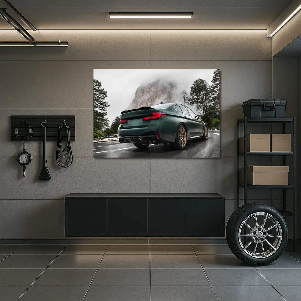 BMW M5 CS Dark Green Misty Mountain Road – Wall Art