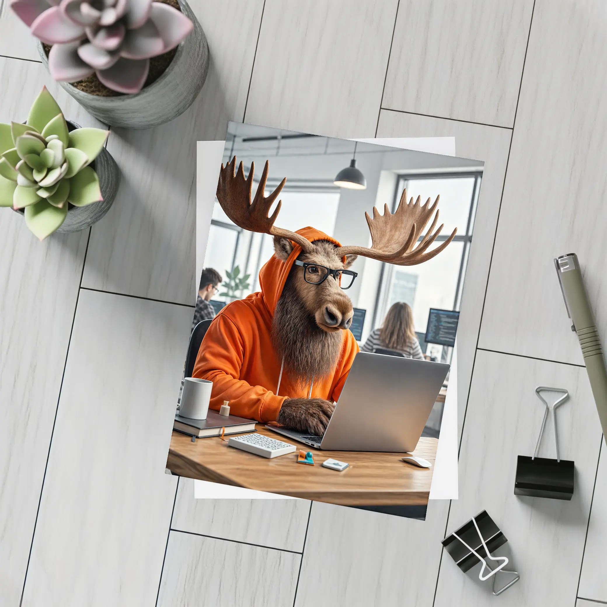 Moose Programmer Working in Office Setting – Postcards