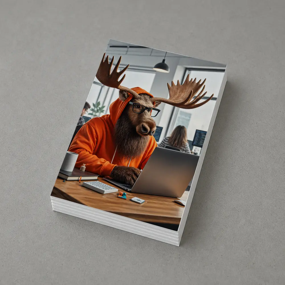 Moose Programmer Working in Office Setting – Postcards
