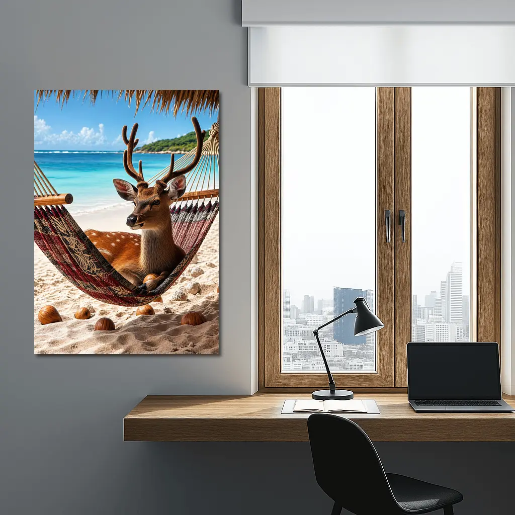 Deer Relaxing in Hammock on Beach – Wall Art