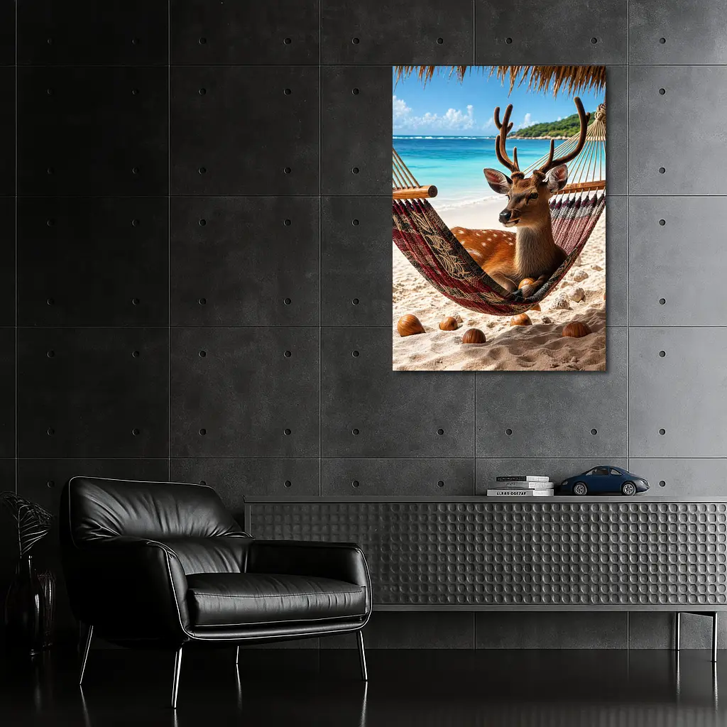Deer Relaxing in Hammock on Beach – Wall Art