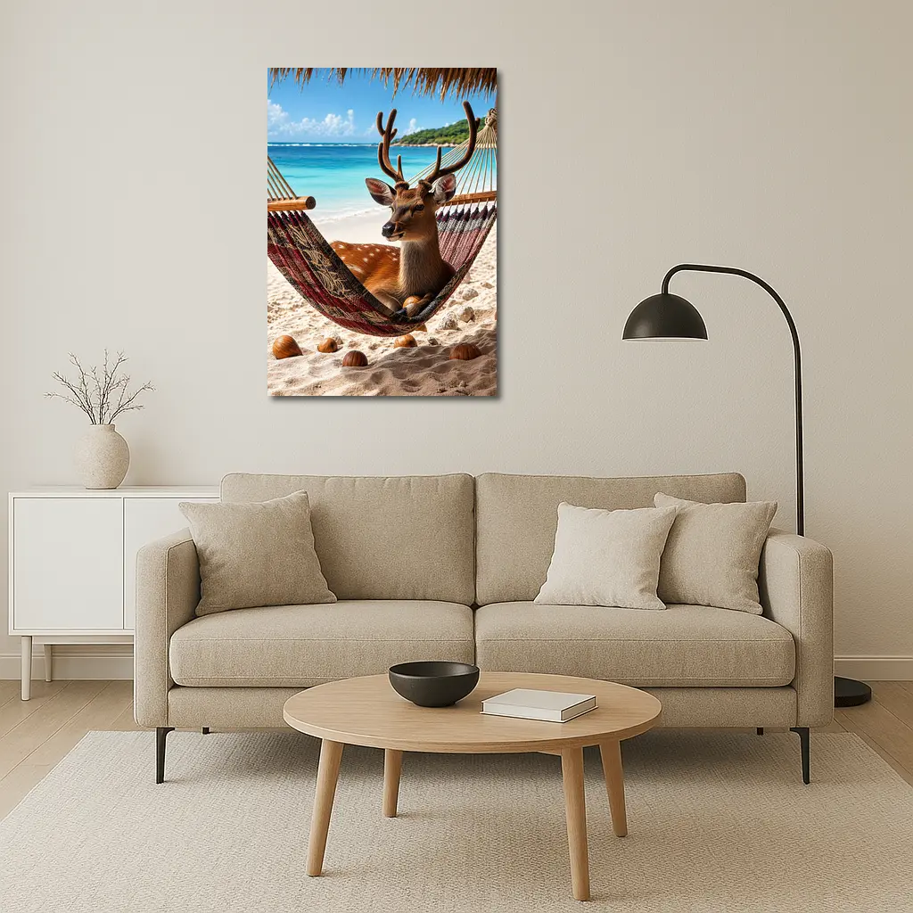 Deer Relaxing in Hammock on Beach – Wall Art