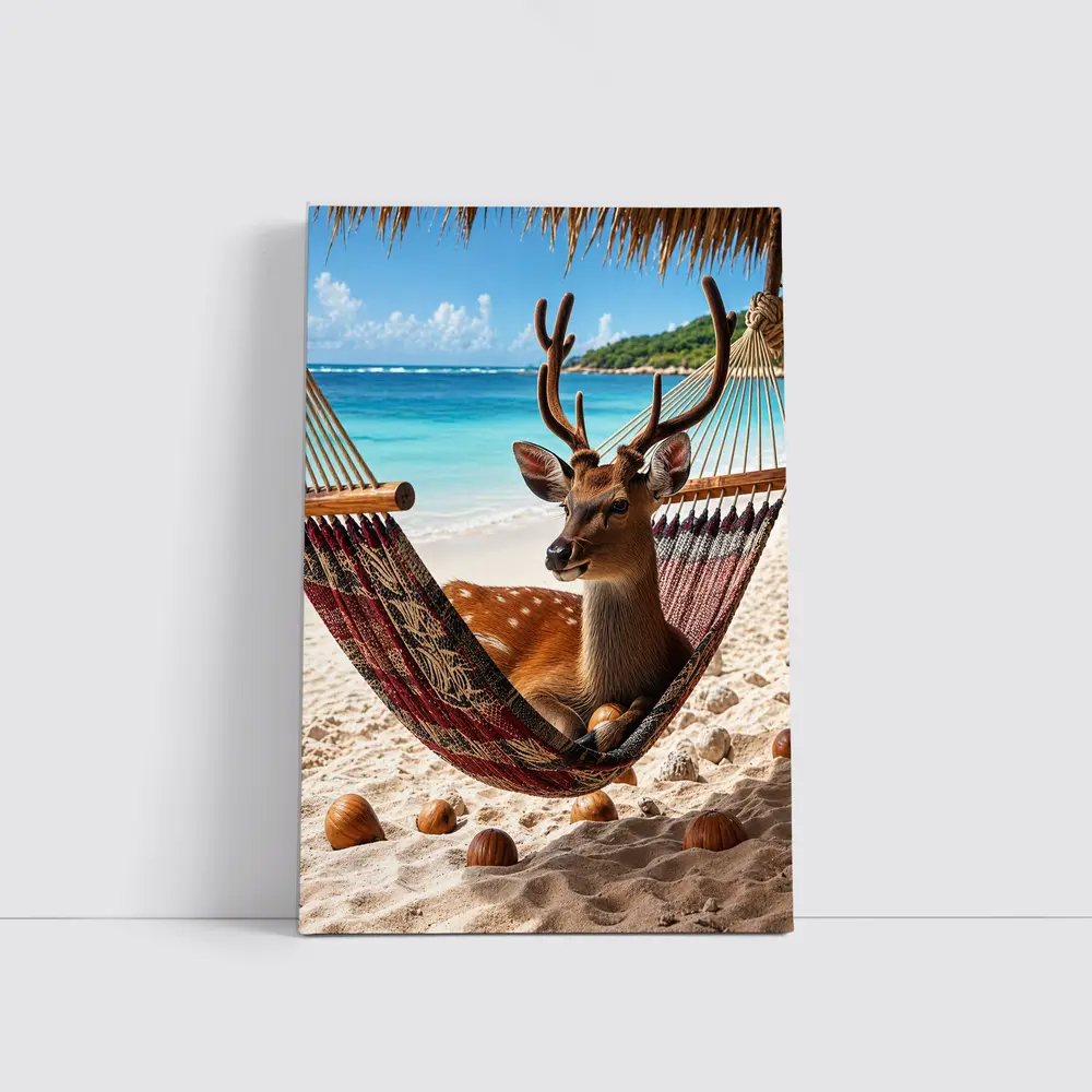 Deer Relaxing in Hammock on Beach – Wall Art