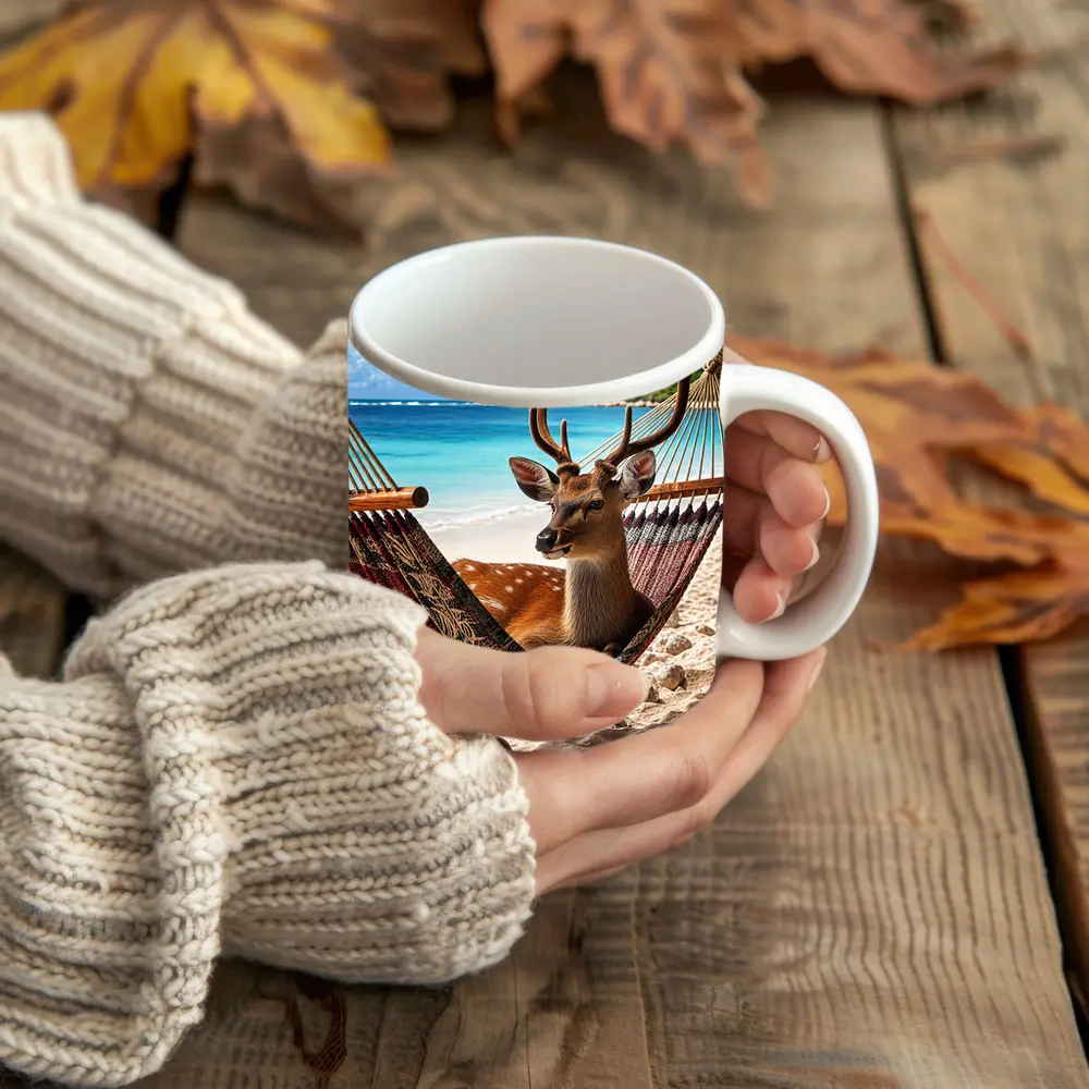 Deer Relaxing in Hammock on Beach – Mugs