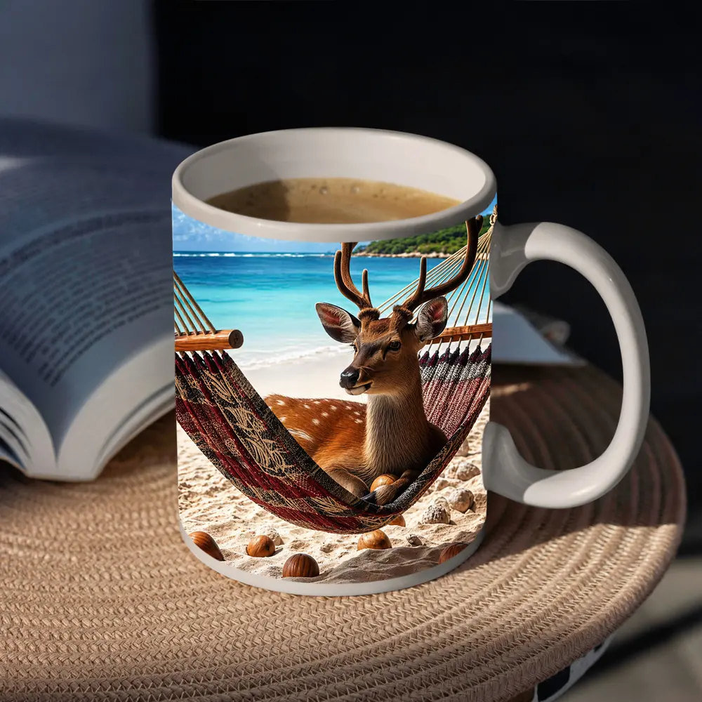 Deer Relaxing in Hammock on Beach – Mugs