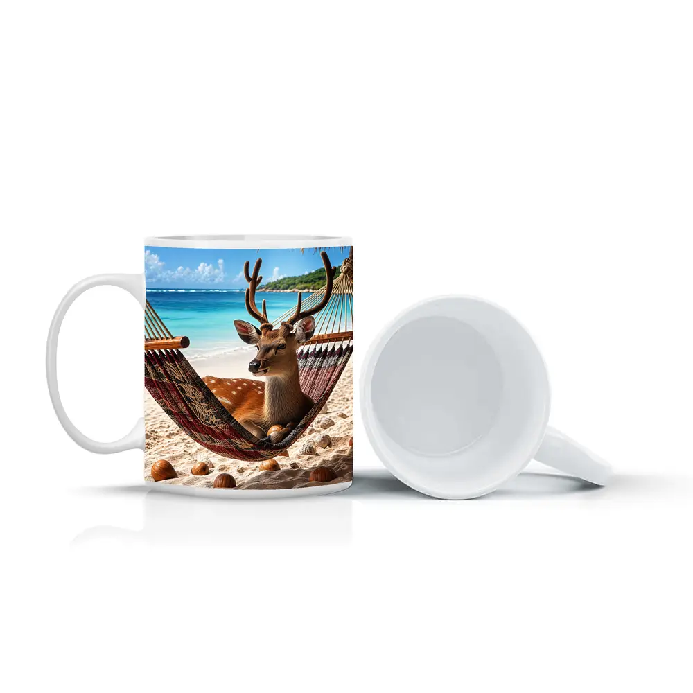 Deer Relaxing in Hammock on Beach – Mugs
