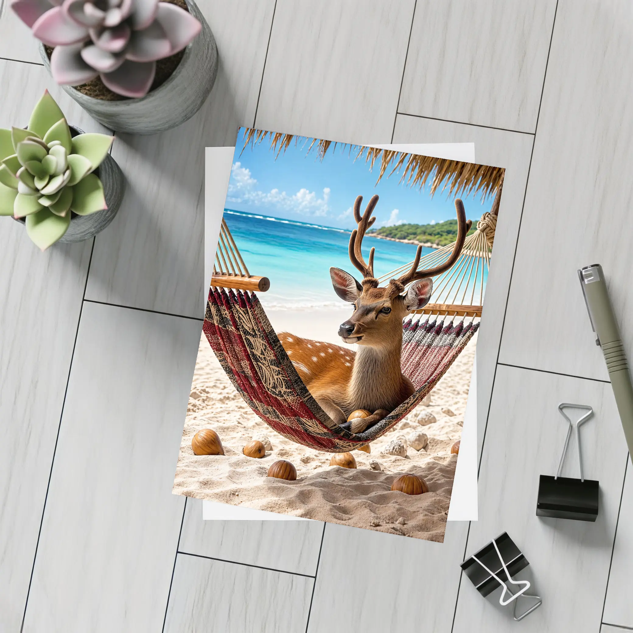 Deer Relaxing in Hammock on Beach – Postcards