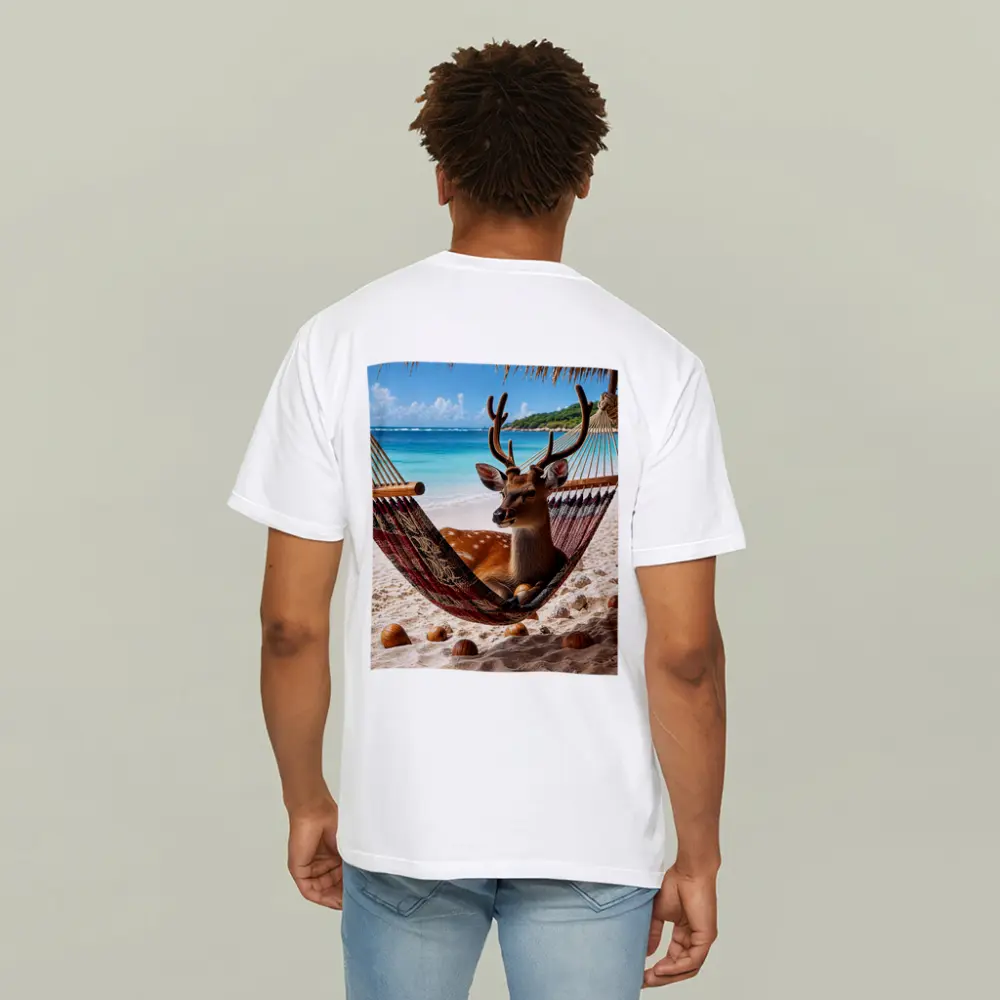 Deer Relaxing in Hammock on Beach – T-Shirts