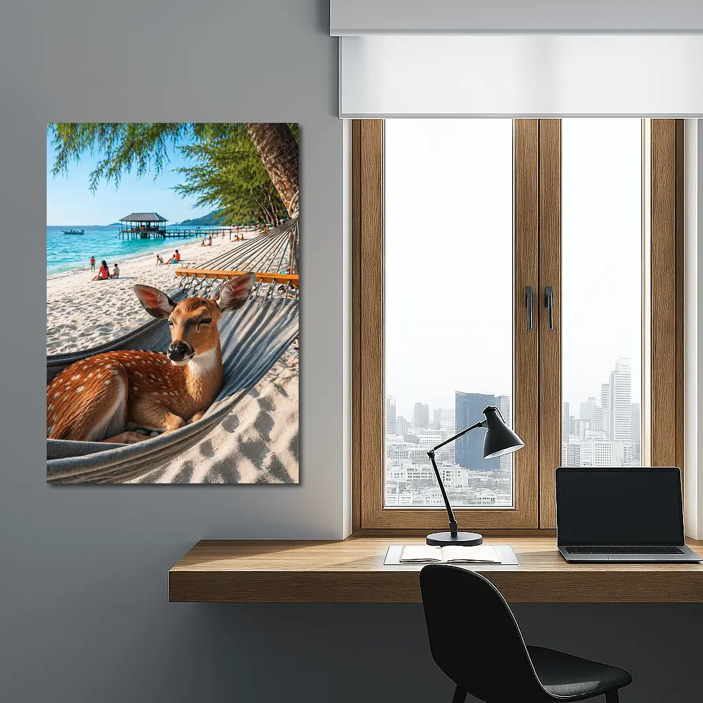 Spotted Deer Relaxing in Beach Hammock – Wall Art