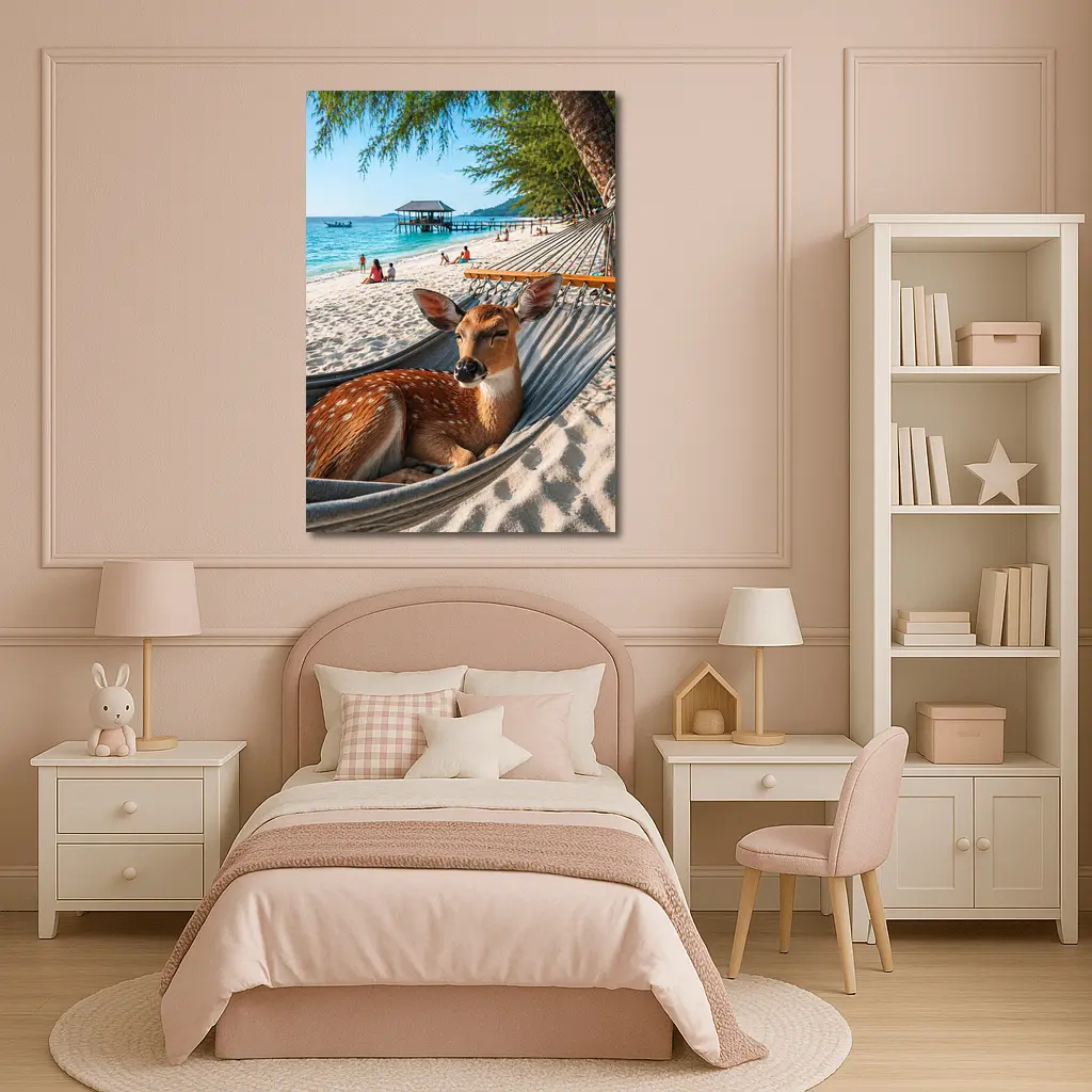 Spotted Deer Relaxing in Beach Hammock – Wall Art