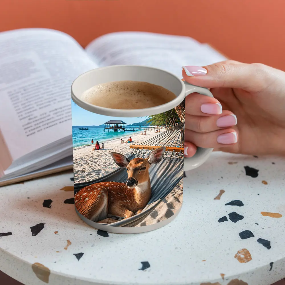 Spotted Deer Relaxing in Beach Hammock – Mugs