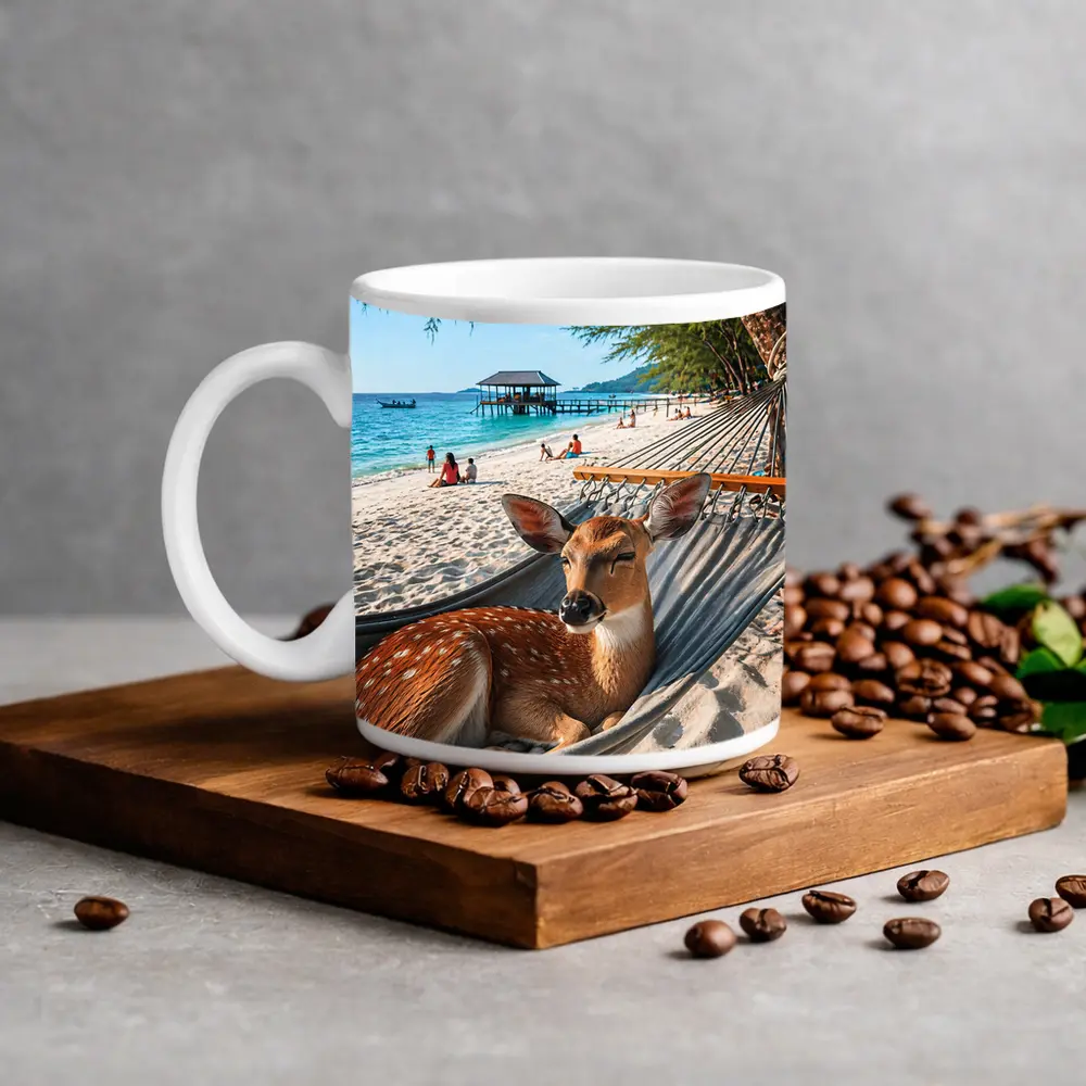 Spotted Deer Relaxing in Beach Hammock – Mugs