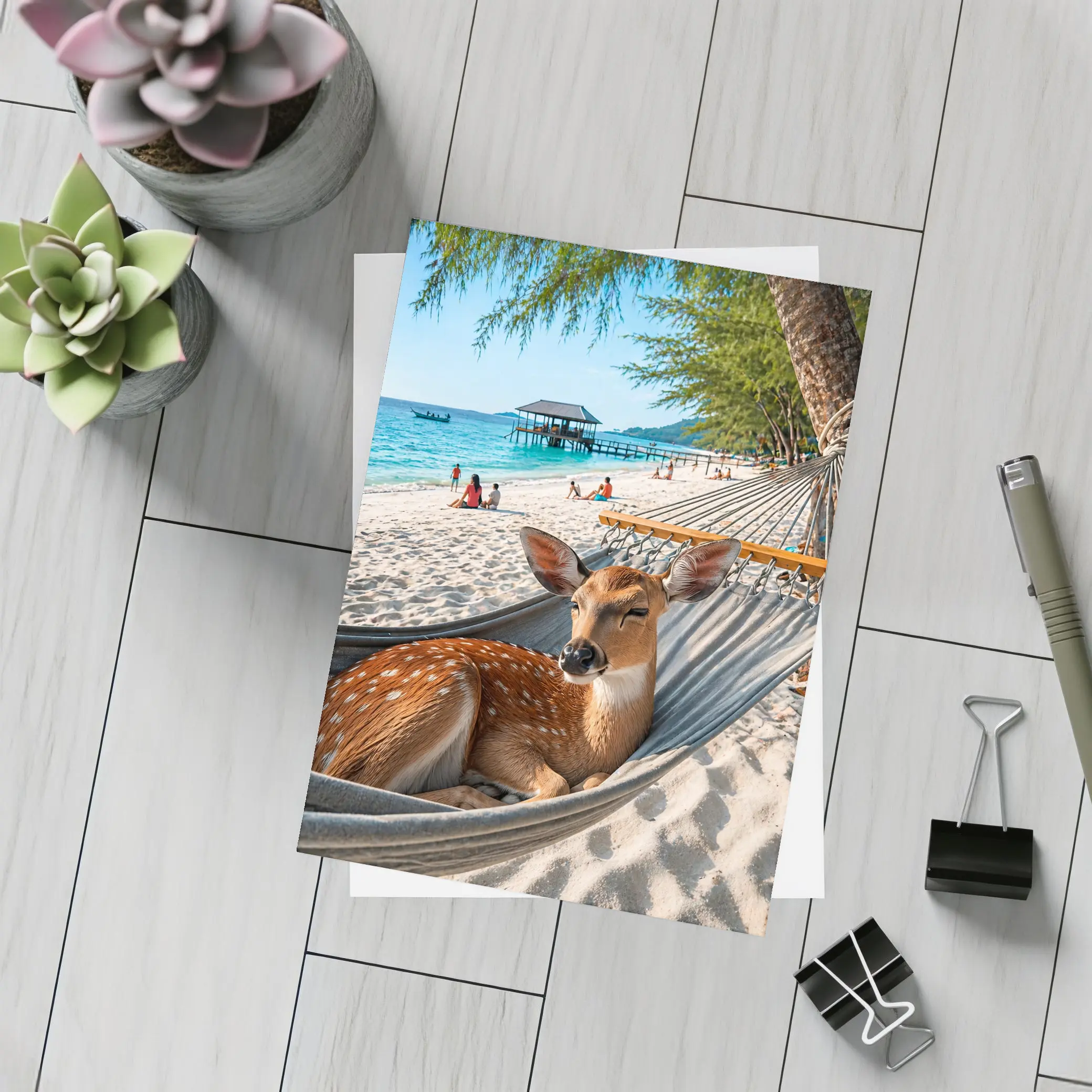 Spotted Deer Relaxing in Beach Hammock – Postcards