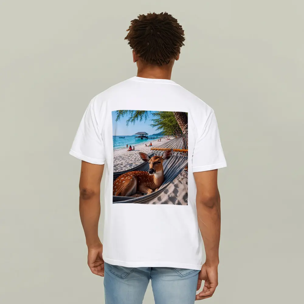 Spotted Deer Relaxing in Beach Hammock – T-Shirts