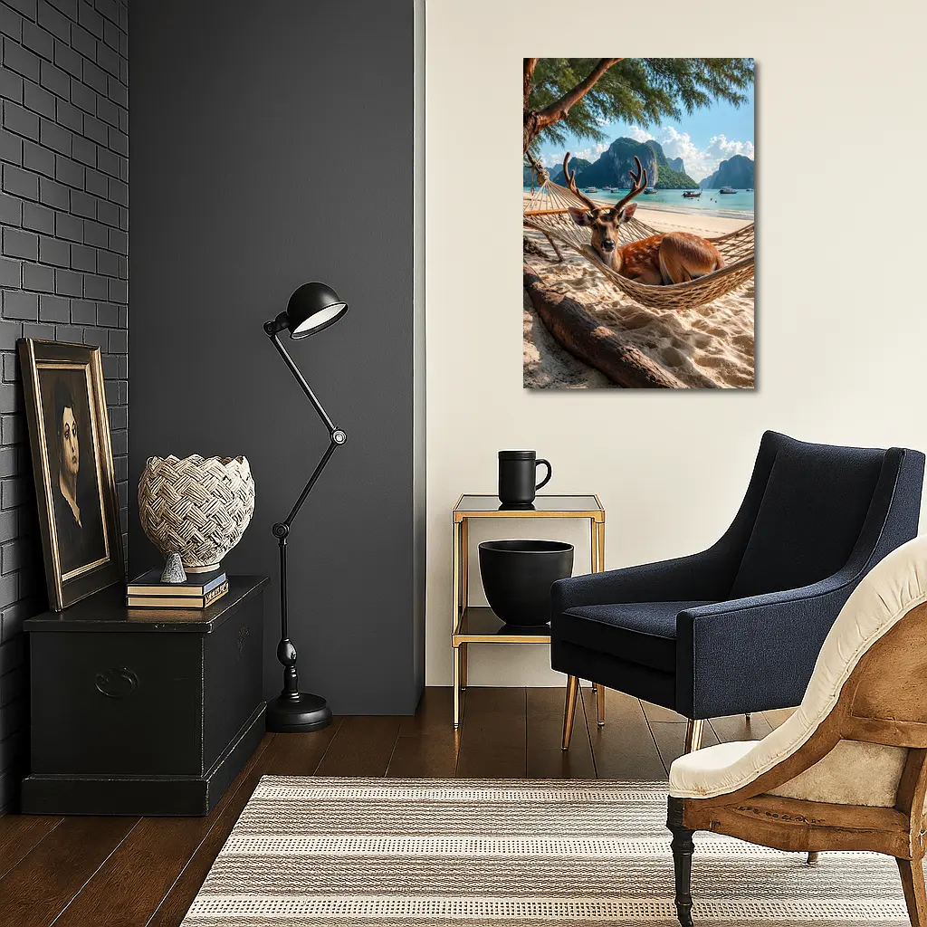 Deer Relaxing in Hammock Tropical Beach – Wall Art