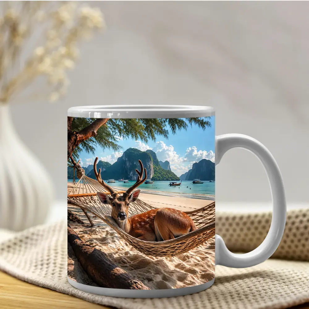 Deer Relaxing in Hammock Tropical Beach – Mugs