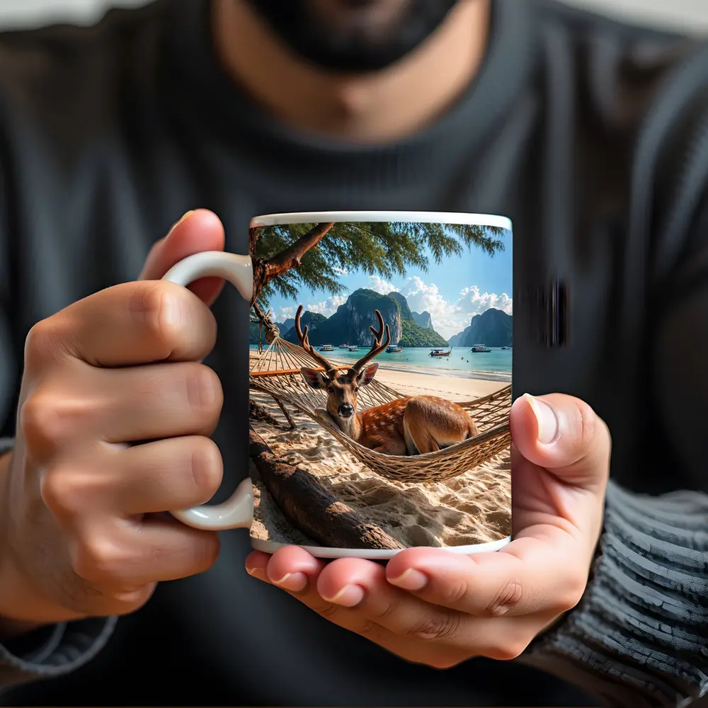 Deer Relaxing in Hammock Tropical Beach – Mugs