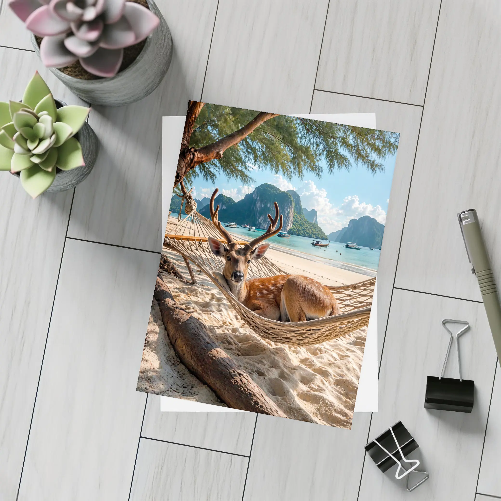 Deer Relaxing in Hammock Tropical Beach – Postcards